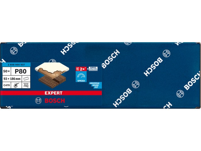 Brusni papir EXPERT Bosch z 8 luknjami za vibracijske brusilnike, Dimenzije: 93x186mm, Zrnatost: 80, 2608900937